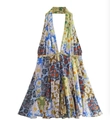 Détail de la robe licou avec imprimé marguerites multicolores et décolleté en V profond - XS / Fleur Grise