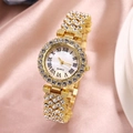 Elegant gold quartz watch for women with rhinestone inlay and Roman numerals - Gold Roman Numerals