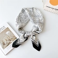 Elegant black and white floral silk neckerchief with geometric borders on white background - Peony with Black Frame