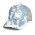 Close-up of tie-dye baseball cap with blue patterns and breathable grey mesh back - Gray Blue