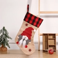 Linen Christmas stocking with a red polka dot gnome and classic red black plaid cuff - Style 1 (Red Polka Dot Hat Gnome)