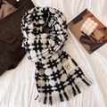 Classic black and white checkered scarf with soft fringe and thick knit texture - Tic-Tac-Toe White