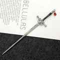 Silver sword hair pin with black enamel and a red teardrop crystal pendant - Red Water Drop Pendant Style / Color Retention Gun Black (Red Gem)