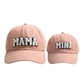 Pink cotton MAMA and MINI baseball cap set with white fuzzy letter embroidery for families - Nude Pink-Parent-Child Set