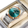 Men's quartz watch with green dial, silver steel strap, and gold fluted bezel in a box - Two Tone Rose Gold Green Dial (EU Standard + Butterfly Clasp)