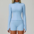 Slim fit light blue yoga set with long sleeve zip-up jacket and high waist shorts - S / Tops / Sky Blue