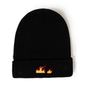 Detailed embroidery of a red flame pattern on a black ribbed knit beanie hat - M (56-58cm) / Black