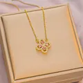 Elegant gold-plated titanium steel necklace featuring a pink flower zircon pendant - 6047 Hollow Clover / Gold Pink Zircon