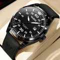 OLEVS black leather men's watch with quartz movement and waterproof date display - Black Leather/Black Dial/Silver Markers