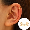Minimalist double-layered gold ear bone clip with parallel lines and zircon accents - KC Gold - Simple Double Layer Design (8034)