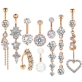 10pcs rose gold navel button rings set with sparkling clear zircon and heart pendants - Rose Gold 10-Piece Set