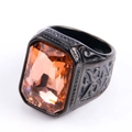 Macro detail of rectangle orange gemstone ring with intricate totem patterns on black band - US 7 / Black (Amber Rhinestone)