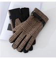 Detail of wool plaid pattern and black leather buckle on warm touchscreen gloves - Khaki Plaid