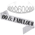 60th Birthday set with silver glitter 60 & Fabulous sash and rhinestone crown tiara - Silver 60 & Fabulous Set