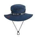 Navy blue wide brim outdoor sun hat with mountain embroidery and adjustable wind cord - L(58-60cm) / Blue