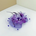 Elegant purple flower fascinator with mesh veil and feathers for wedding parties - With Alligator Clip / Purple