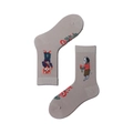 Close-up of cat and floral embroidery on grey cotton blend socks in detail - 35-39 / Piano Playing Cat