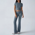 Grey two-piece set featuring slim fit short sleeve crop top and high waist flared pants - M / Grey Blue