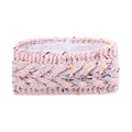 Close-up of pink cable knit headband with warm white fleece lining and colorful speckles - New Pink Speckled
