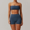 Two-piece dark blue-grey yoga set featuring strapless sports bra and high-waisted shorts - S / Top And Bottom / Navy Blue