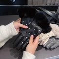 Winter touch screen leather gloves with faux rabbit fur trim and rhinestone accents - S015 Rhinestone Decor / Black