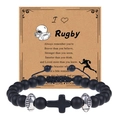 Matte black stone beads rugby card bracelet with silver football charms and cross - Rugby Bracelet Style 6 - Woven