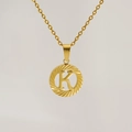 Golden 18K titanium steel cross chain necklace with a round letter K pendant detail - Letter K