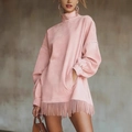 Pink high-neck suede long sleeve dress with fringe hem and functional pockets - S / Pink