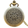 Vintage bronze pocket watch with intricate mandala flower engraving and slim metal chain - Bronze - Mandala Relief