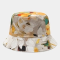 Detailed macro view of colorful abstract floral bucket hat with reinforced brim stitching - Orange Ginger Gray Dark Green Oil Paint Style (32#色)