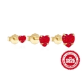 Three sizes of S925 sterling silver red heart stud earrings with gold plating - 925 Silver / Gold-Red Zirconia