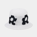 Detail showing the white knitted bucket hat texture with a large black letter R motif - One Size / White