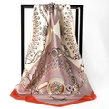 Silky satin square scarf featuring vintage horsebit chain patterns in beige and lavender - Crystal Chain Khaki