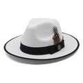 Classic white wool fedora hat with black binding and feather detail for men and women - M (56-58cm) / White