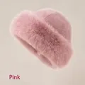 Pink plush Mongolian style hat for women, thick faux fur winter bucket hat with ear protection - Pink