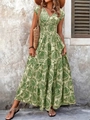 Vestido largo elegante con cuello en V, estampado bohemio verde y crema con cinturón - S / Top Y Pantalón / Verde