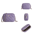 Purple quilted crossbody bag with gold cross logo and multi-angle view details - Purple