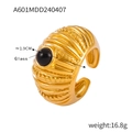 Anello di lusso italiano placcato oro con pietra di vetro nero e trama geometrica - US 7 / Anello in vetro nero color oro