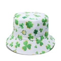 Close-up of Saint Patrick's Day bucket hat with green shamrock patterns on white canvas - M(56-58cm) / White with Green Shamrock (D)