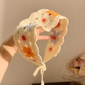 Floral cotton crochet bandana in white orange and blue with bohemian style straps - Blue Orange Flower