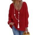 Detailed close-up showing the knit texture and V-neck of this loose red sweater - 2XL / Red