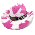 Detailed view of pink cow print cowboy hat featuring a black leather band and metal star - M (56-58cm) / Straight Top / Rose Red and White Cow Print