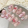 Faux ongles roses avec lapins 3D et perles décoratives sur fond de dentelle - L / Mademoiselle Douce