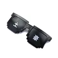 Detail of pixel style Thug Life sunglasses with white Chinese characters on black frames - Get Rich Style