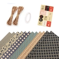 Blue grid kraft gift wrapping paper set with geometric patterns, twine and stickers - Set 2