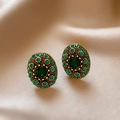Macro detail of vintage gold oval earrings with green crystal on beige silk backdrop - Green Main Stone Oval Stud Style (36#) / Antique Gold Green