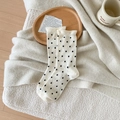 Elegant off-white mid-calf wool socks with black polka dots and ruffled edges - One Size / Off White