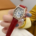 Elegante orologio da donna con cassa tonneau dorata e cinturino in pelle rossa con numeri - Cassa Oro Rosa Quadrante Bianco Cinturino in Pelle Rossa