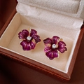 Vintage gold-trimmed purple floral stud earrings with crystals in a leather box - Dark Purple Enamel Silver Needle Style (8#)