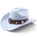 Close-up of light blue suede cowboy hat with floral embroidery and vintage metal buckle - M (56-58cm) / Light Sky Blue
